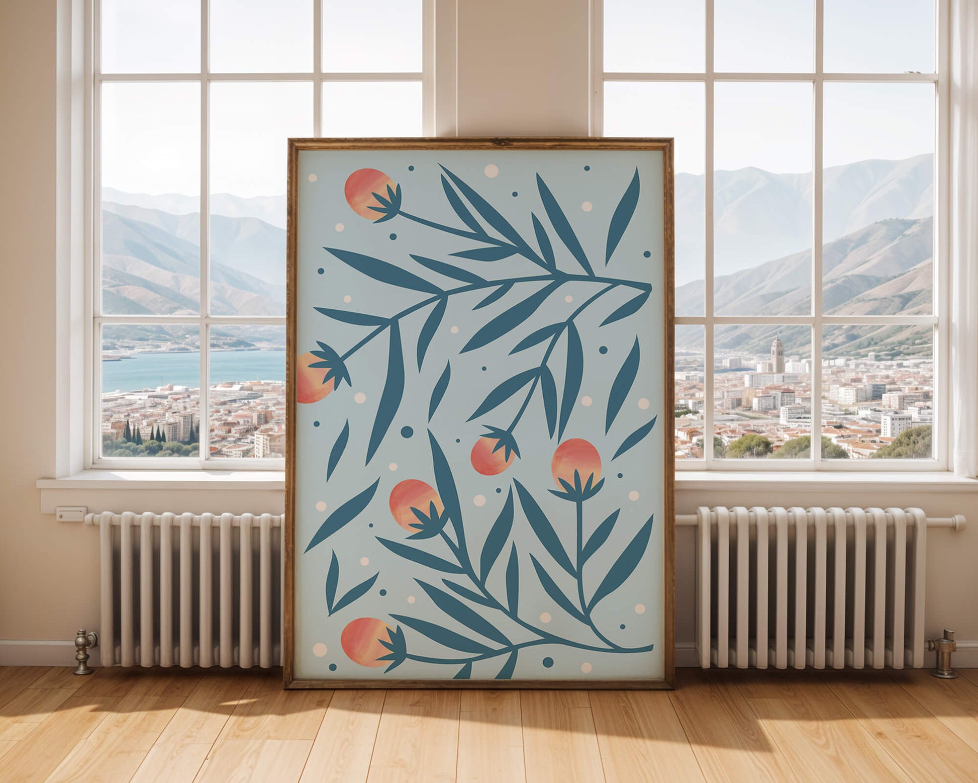 Abstract botanical pattern with colorful flowers and leaves on light blue background