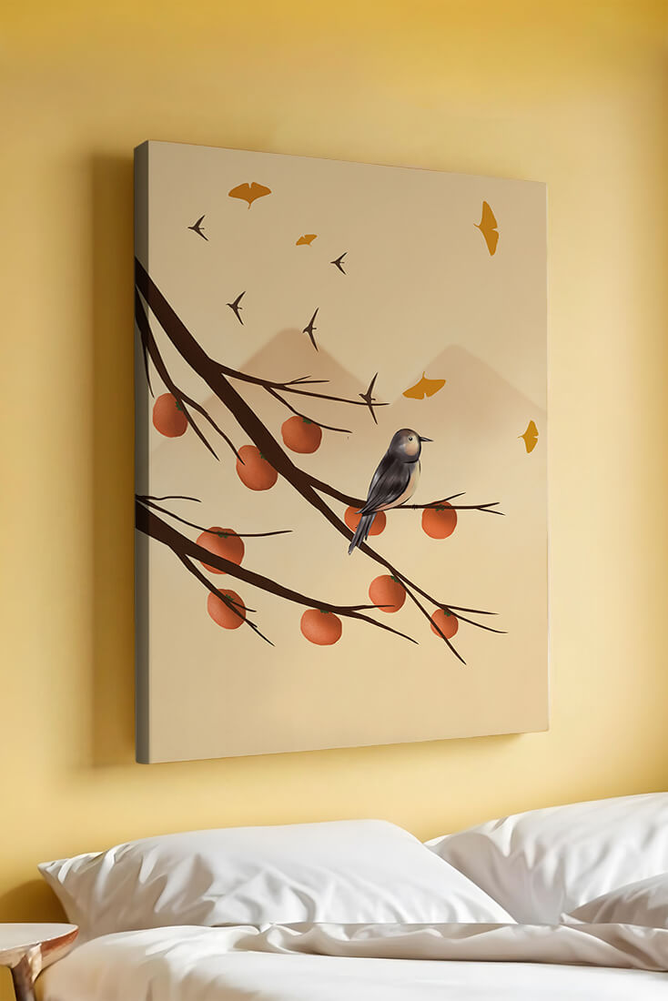Bird Perched on Branch with Red Fruits and Flying Leaves