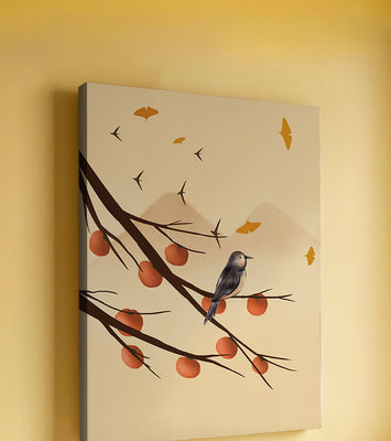 Bird Perched on Branch with Red Fruits and Flying Leaves