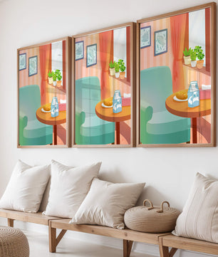Sala de estar acogedora con mesa y cartón de leche