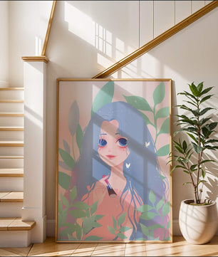 Illustration of a blue-haired girl surrounded by greenery