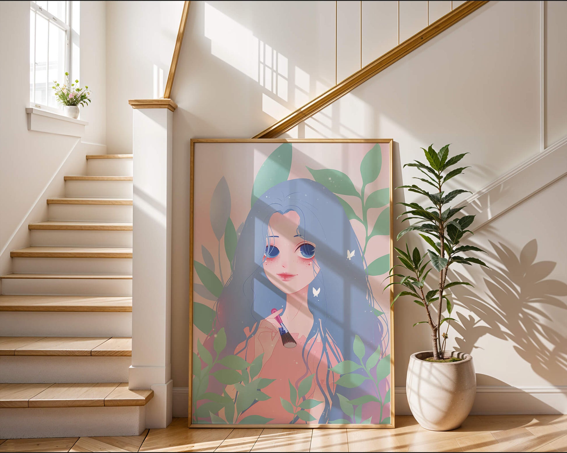Illustration of a blue-haired girl surrounded by greenery