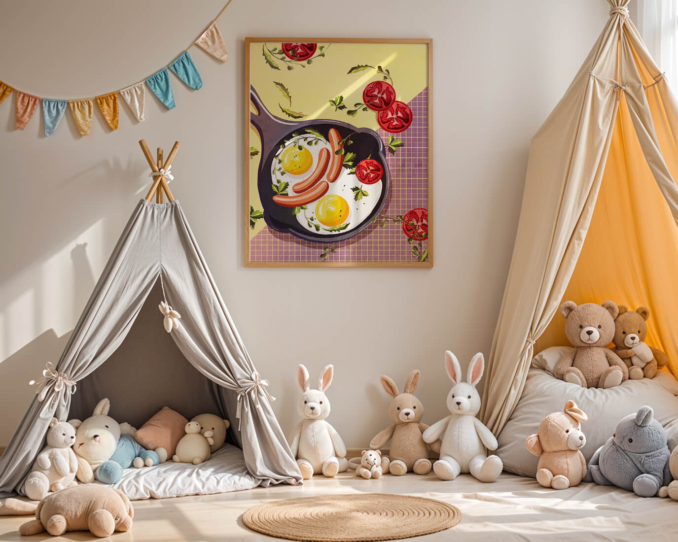 Fried Eggs and Sausages in Pan with Tomatoes and Herbs on Colorful Background