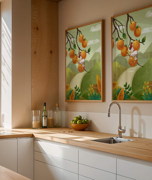 Femme assise sur un fruit orange dans un paysage surréaliste