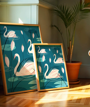 Serene illustration of swans gracefully gliding on a pond with lily pads