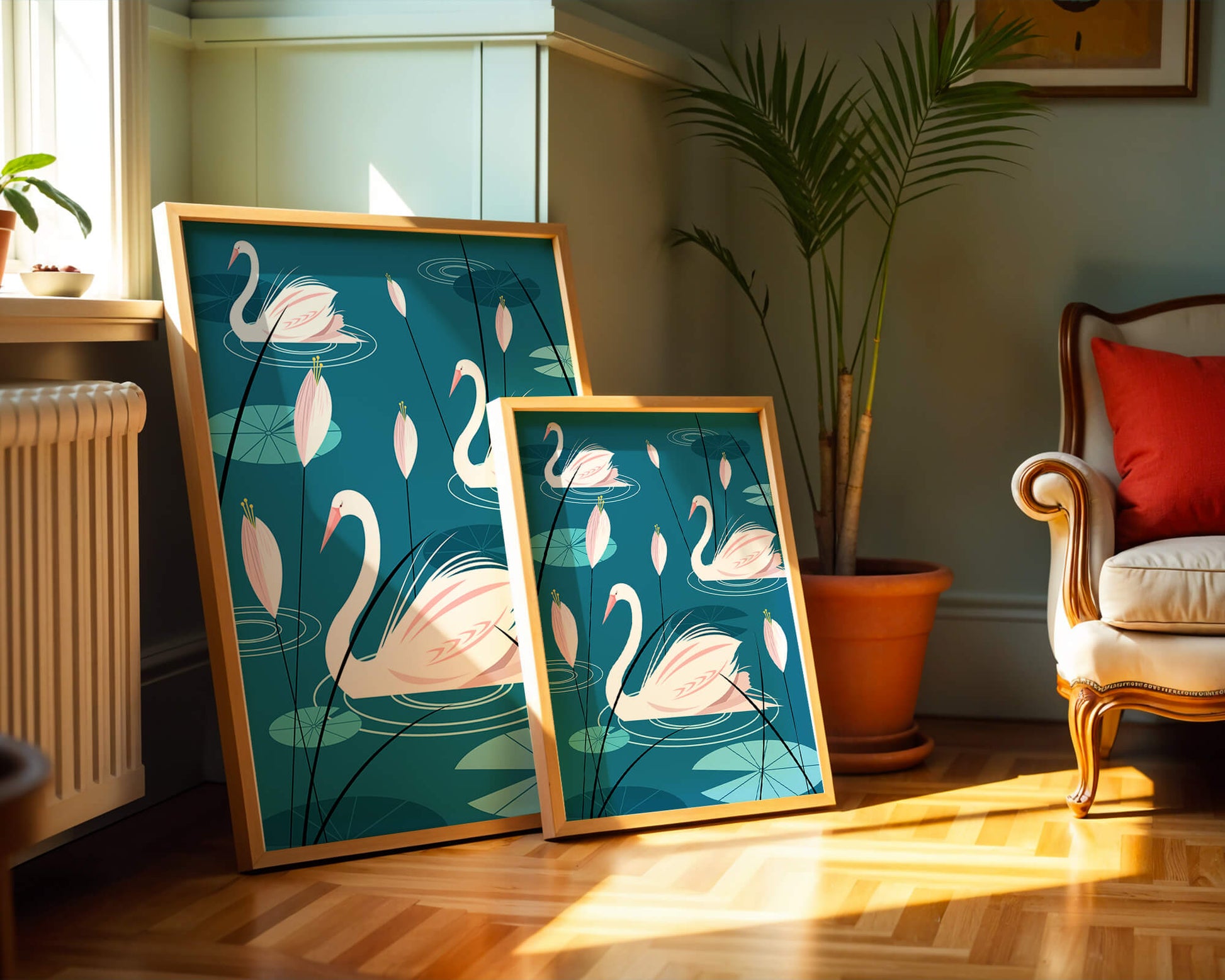 Serene illustration of swans gracefully gliding on a pond with lily pads