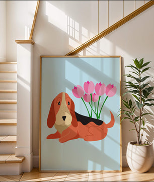 Illustration eines Basset Hound mit rosa Blumen auf hellblauem Hintergrund