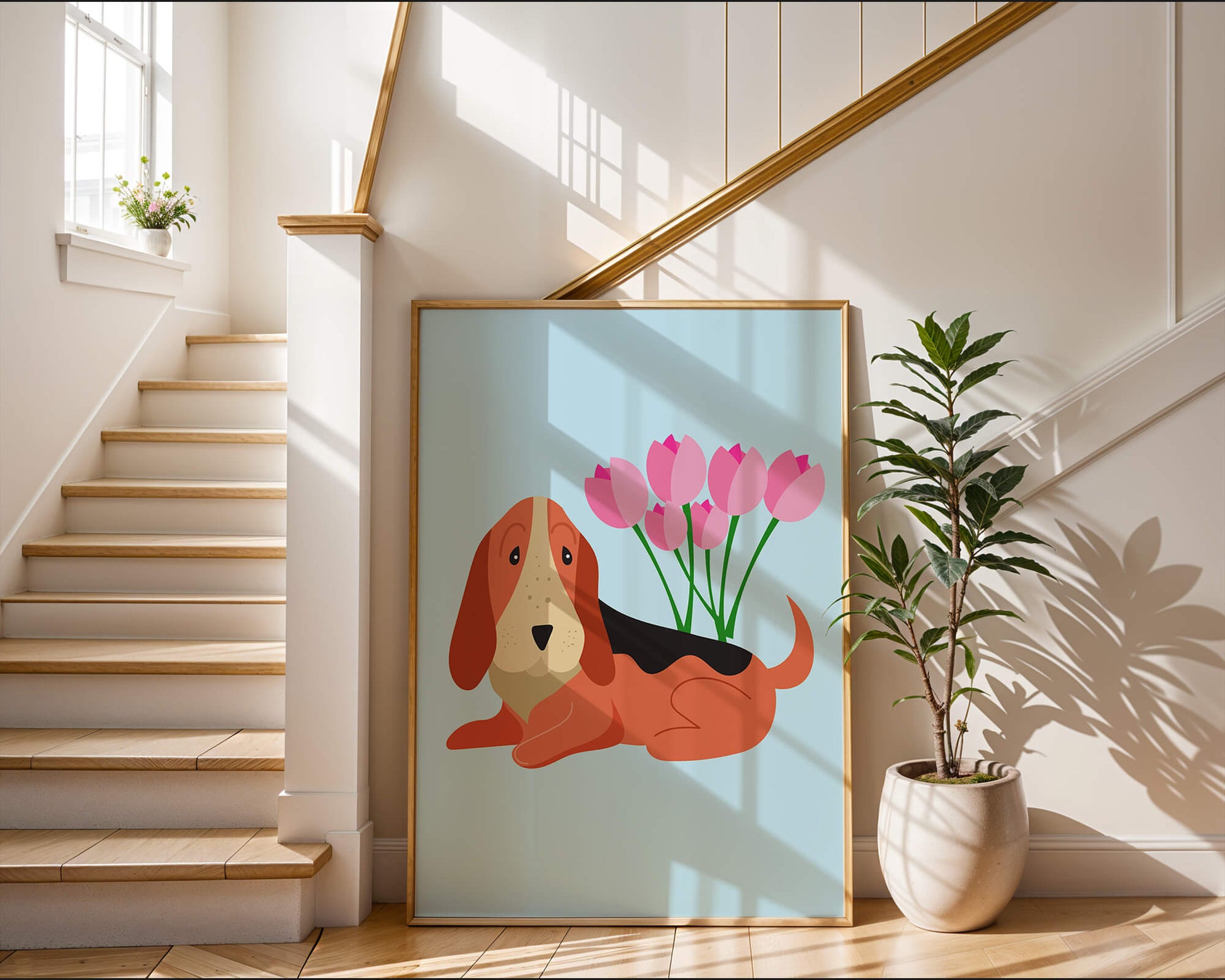 Illustration eines Basset Hound mit rosa Blumen auf hellblauem Hintergrund
