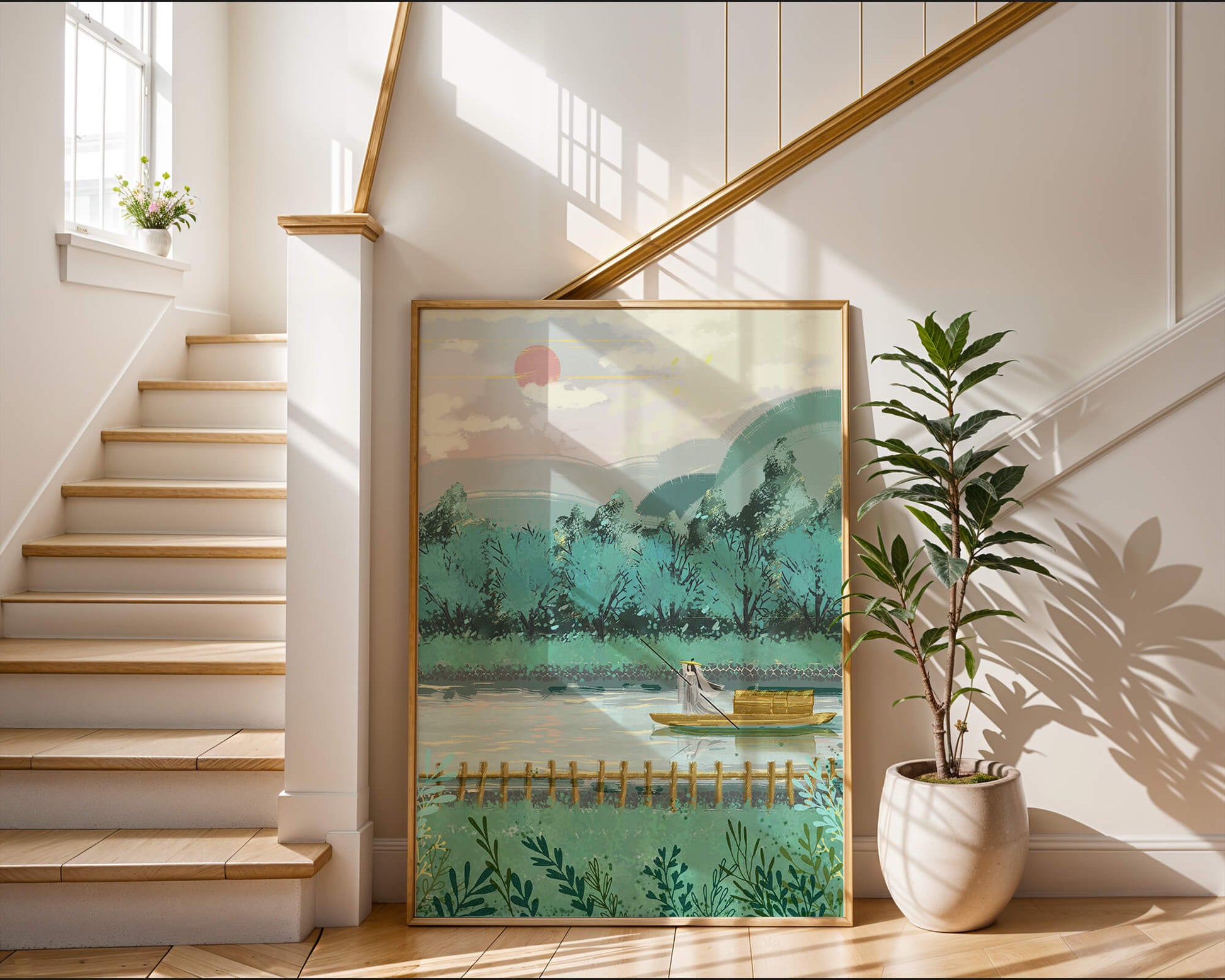 Serene Landscape with Boatman on River at Sunrise
