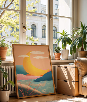 Abstract Landscape with Yellow Crescent and Pastel Colors