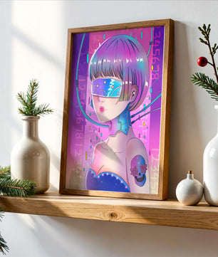 Chica cyberpunk futurista con colores neón y elementos de realidad virtual