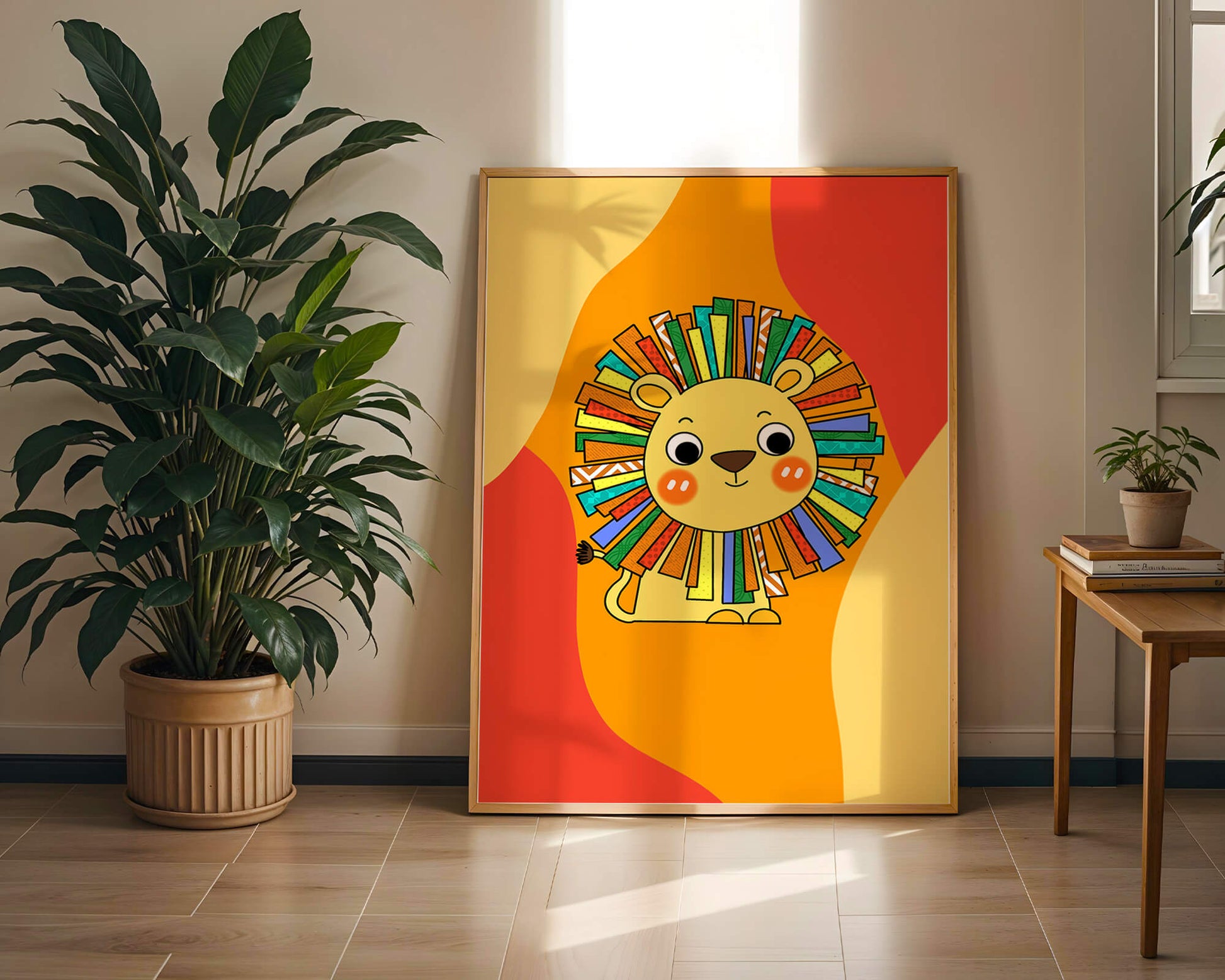 Colorful cartoon lion illustration with vibrant mane on abstract background