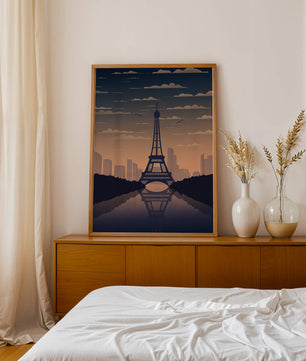 Vista escénica de la Torre Eiffel al anochecer con reflejo del horizonte urbano