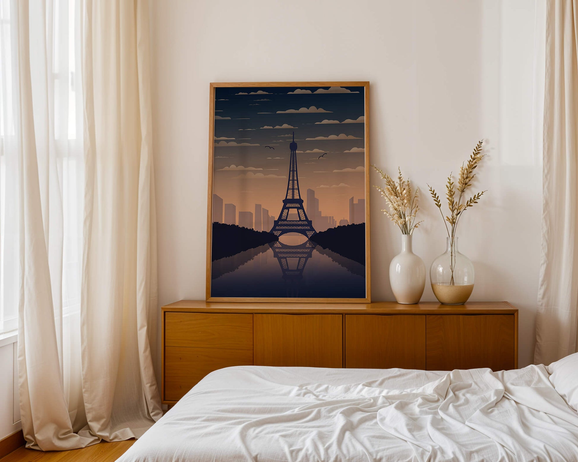 Scenic view of the Eiffel Tower at dusk with city skyline reflection
