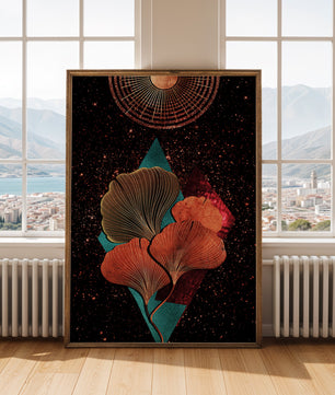 Traducción al español: Ilustración floral cósmica abstracta con elementos geométricos y acentos dorados