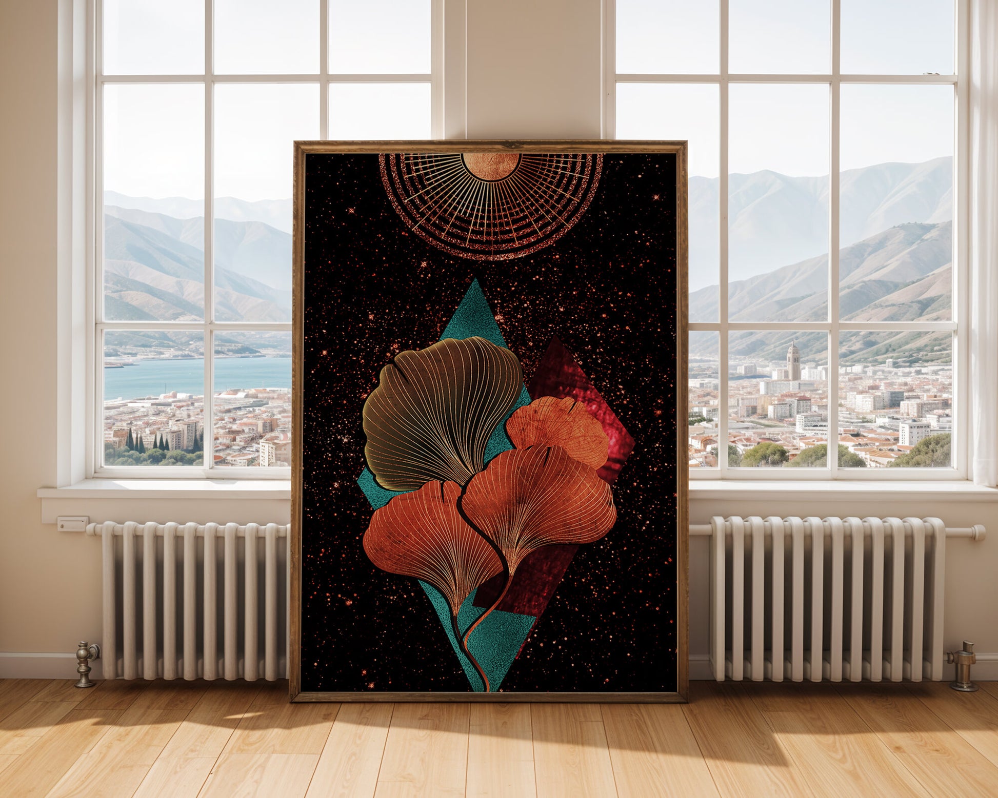 Traducción al español: Ilustración floral cósmica abstracta con elementos geométricos y acentos dorados