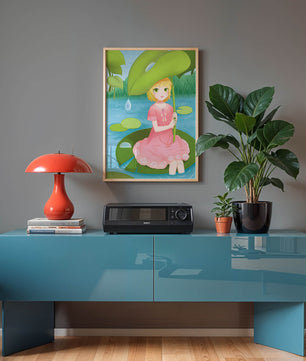 Whimsical Illustration of a Young Girl in a Pink Dress Sitting on a Lily Pad