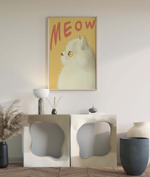 Profile View of a White Cat with Meow Text on Yellow Background