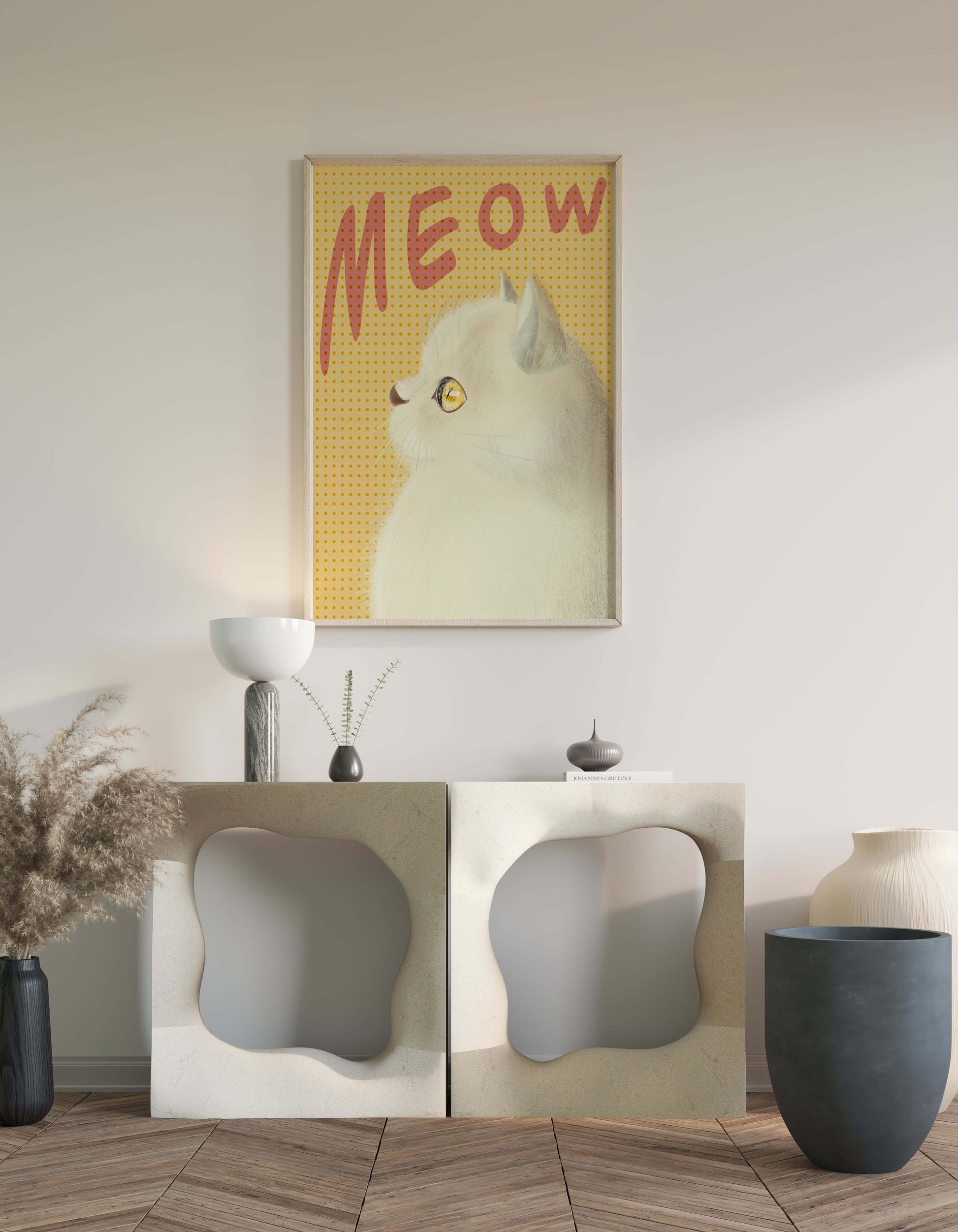 Profile View of a White Cat with Meow Text on Yellow Background