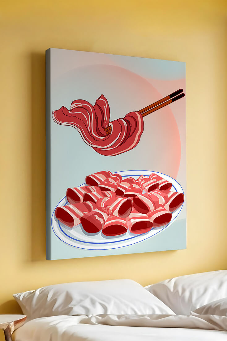 Delicious raw meat slices on plate with chopsticks in background