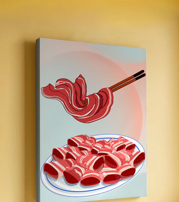Delicious raw meat slices on plate with chopsticks in background