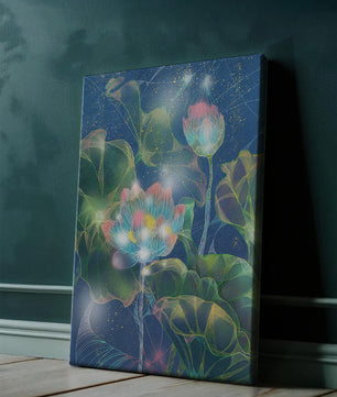 Bunte Lotusblumen mit abstraktem kosmischen Hintergrund