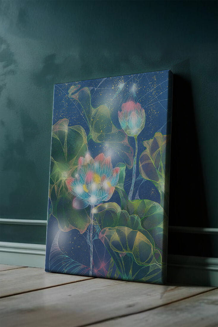 Bunte Lotusblumen mit abstraktem kosmischen Hintergrund