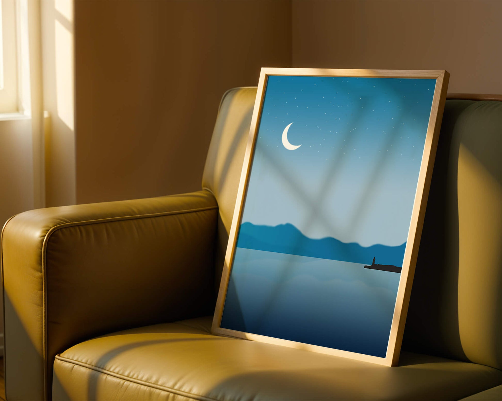 Serene Night Landscape with Crescent Moon and Lighthouse
