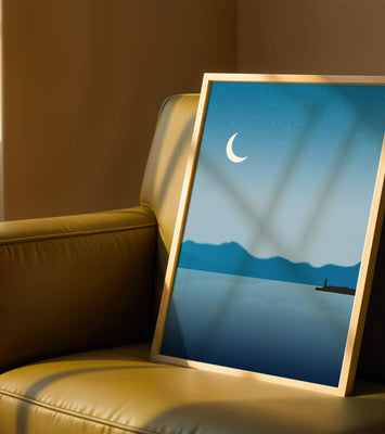 Serene Night Landscape with Crescent Moon and Lighthouse