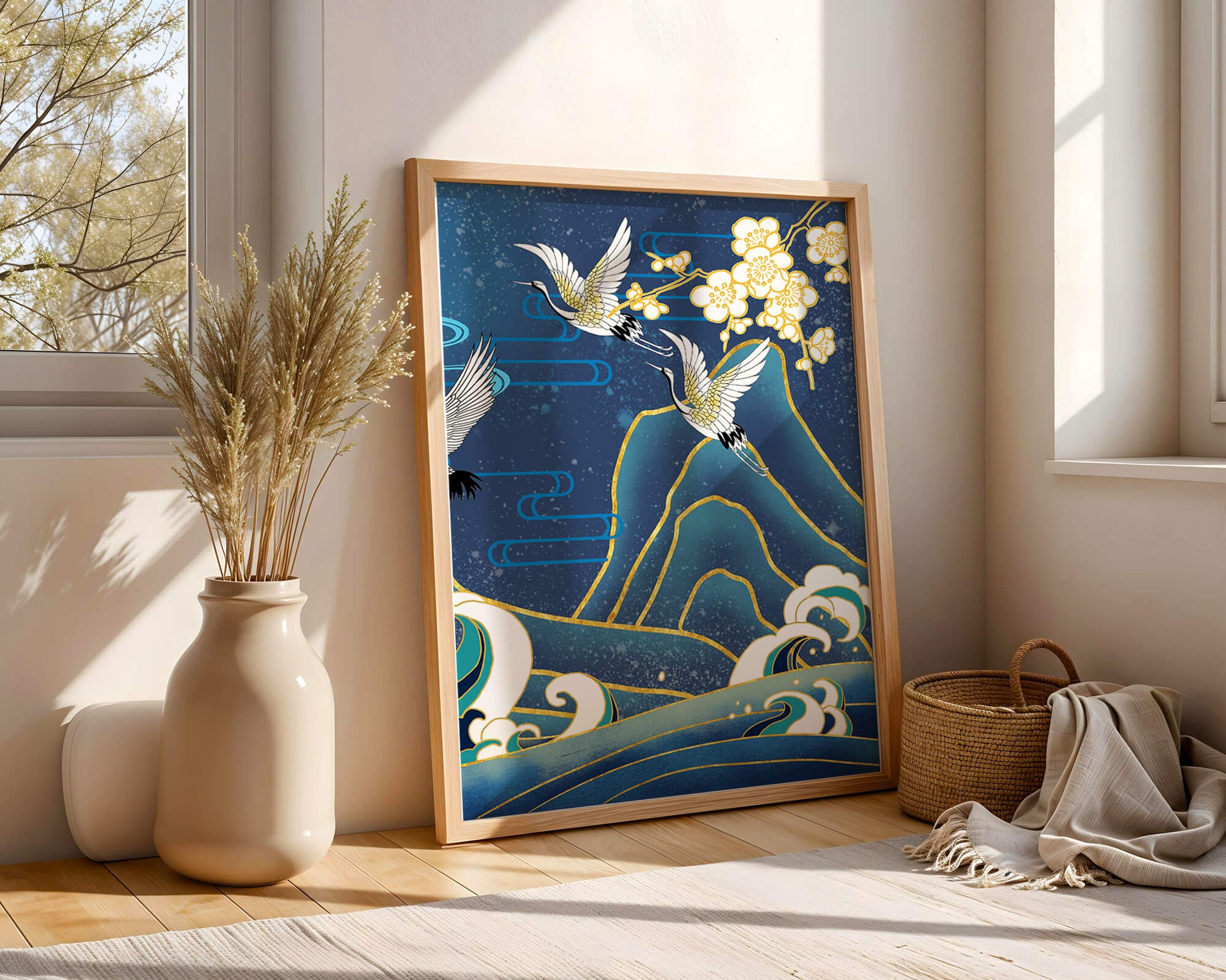 Elegant Cranes in Flight over Ocean Waves with Golden Accents and Blossoms
