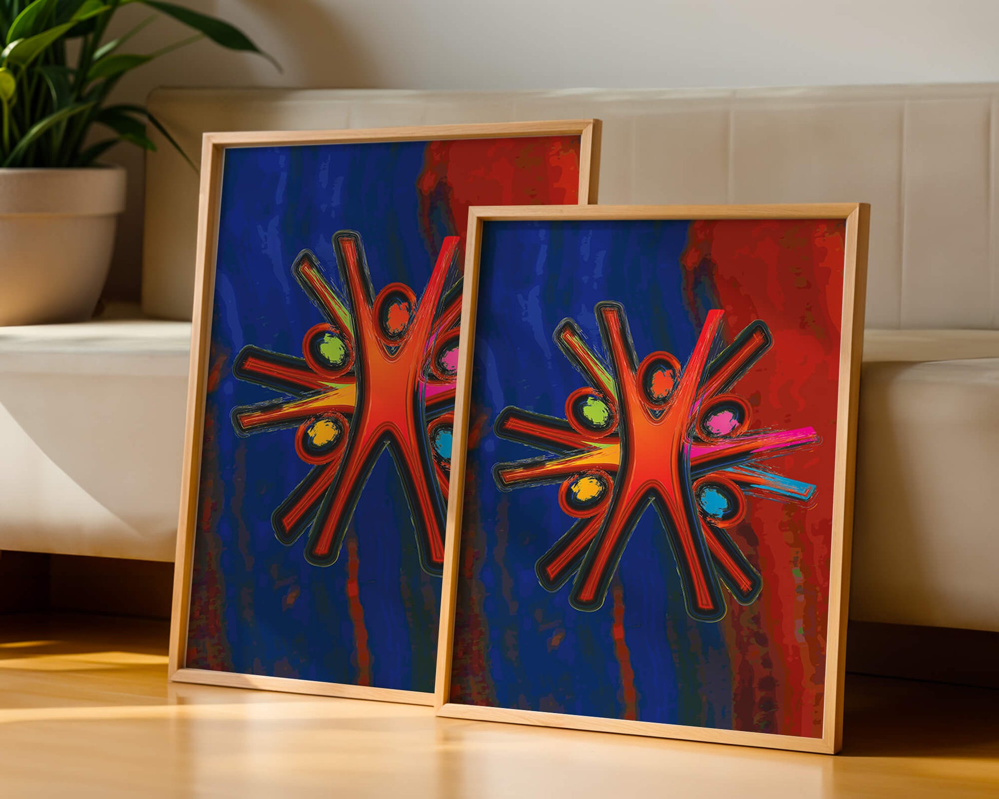 Abstract art with dynamic figures and vibrant colors