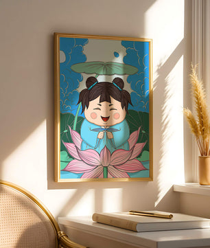 Whimsical illustration of a joyful child with lotus and umbrella