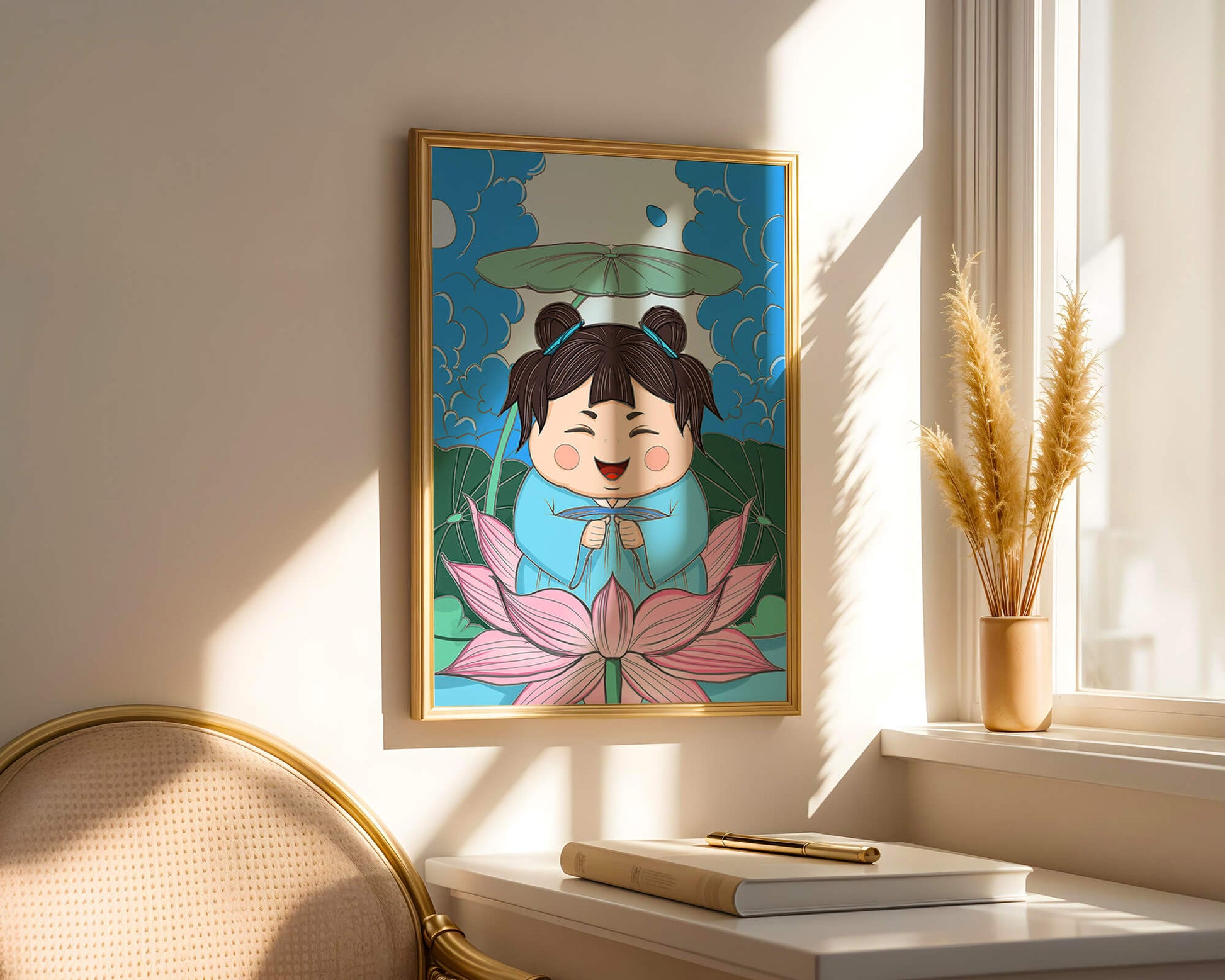 Whimsical illustration of a joyful child with lotus and umbrella