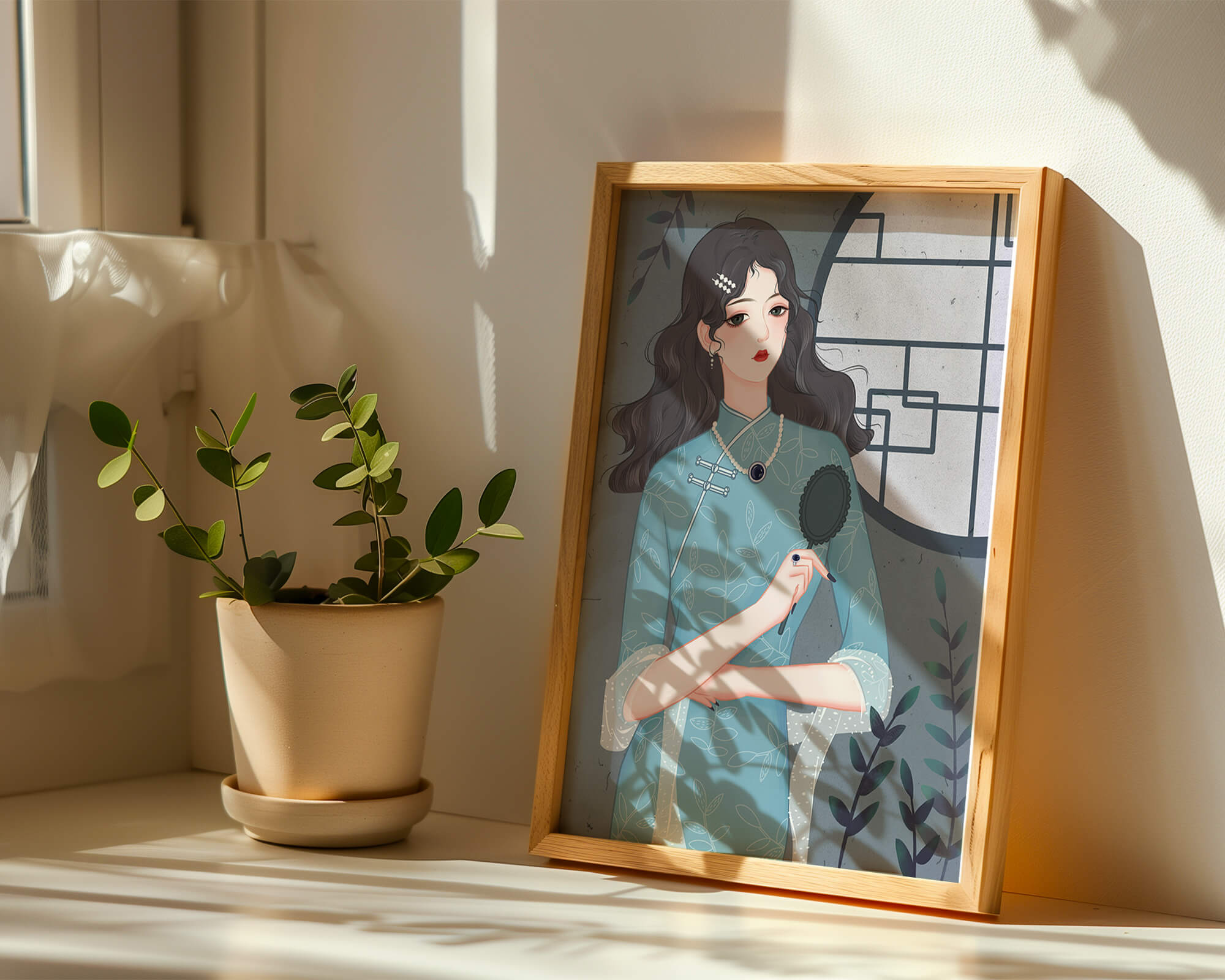 Elegant woman in traditional blue dress with intricate patterns