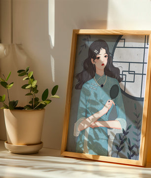 Elegant woman in traditional blue dress with intricate patterns