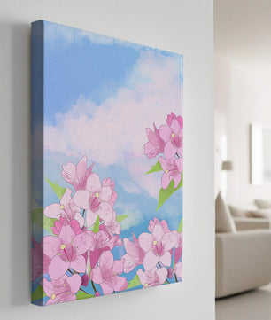 Ilustración de flores rosadas contra un cielo azul vibrante con nubes