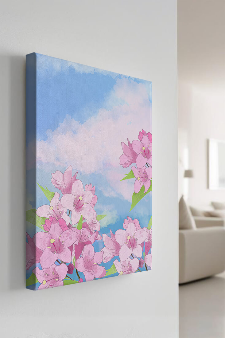 Ilustración de flores rosadas contra un cielo azul vibrante con nubes