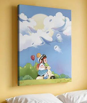 Whimsical illustration of a child riding a scooter with floating whales and balloons