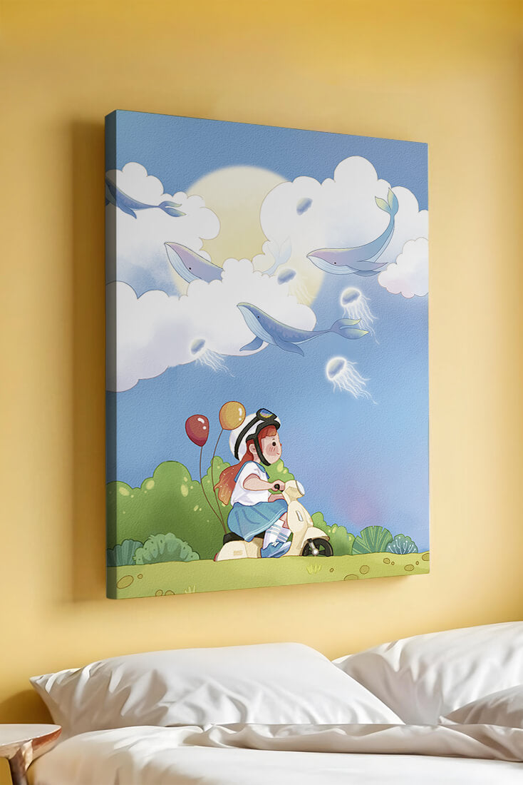 Whimsical illustration of a child riding a scooter with floating whales and balloons