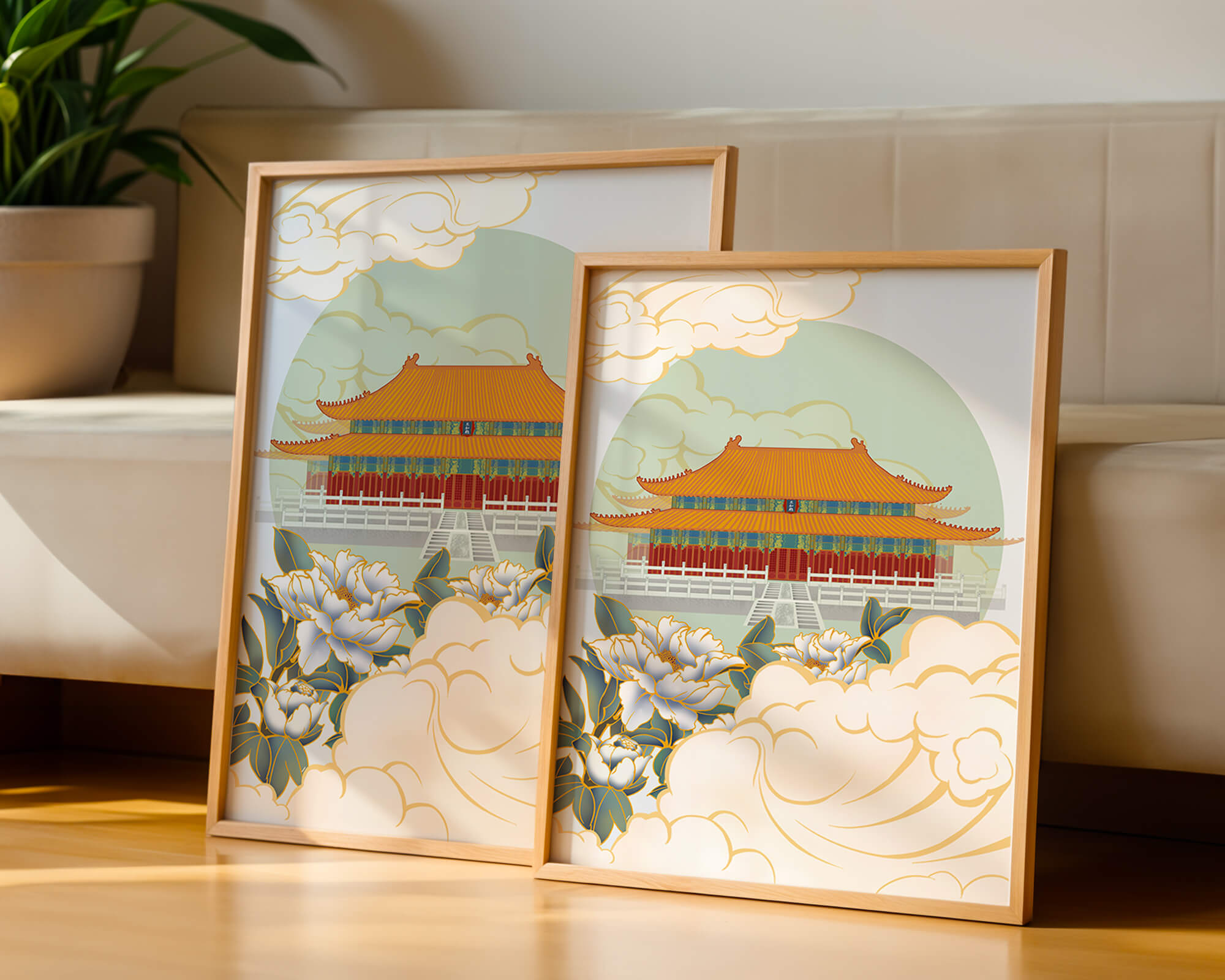 Traditional Asian palace illustration with floral and cloud motifs