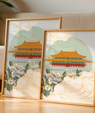Traditional Asian palace illustration with floral and cloud motifs