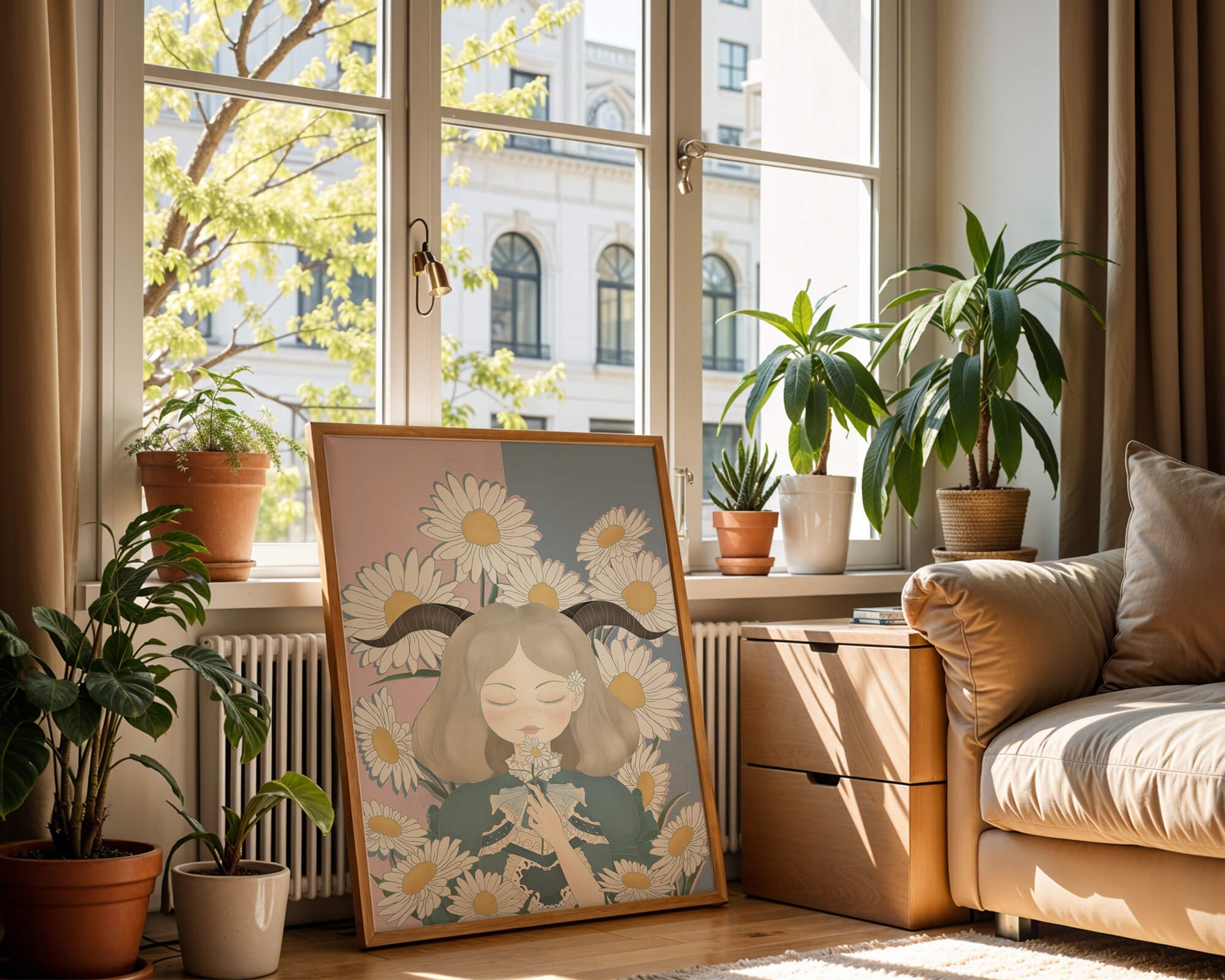 Illustration of girl with daisies and horns on a pastel background