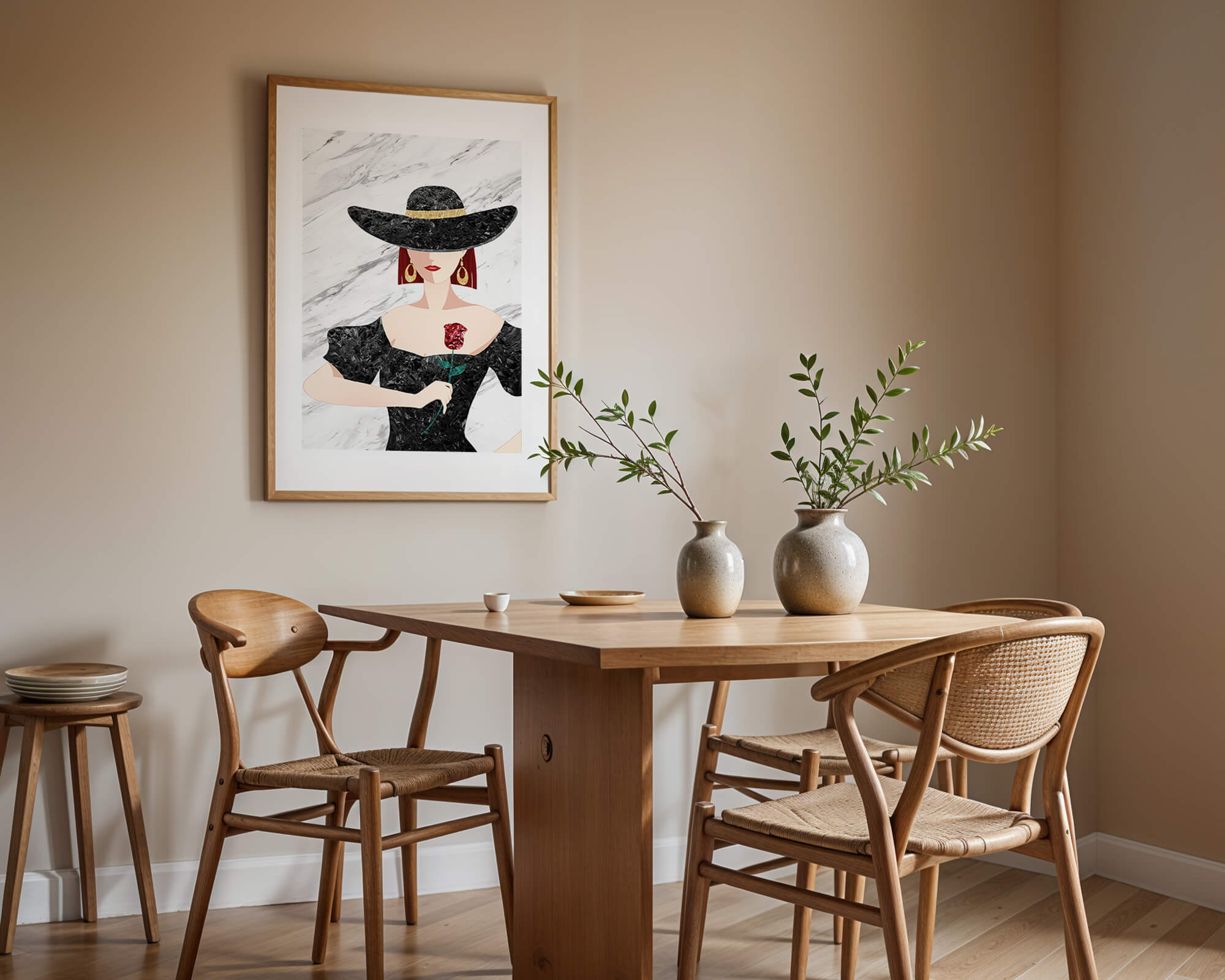 Elegant woman in wide-brimmed hat holding a rose on marble background
