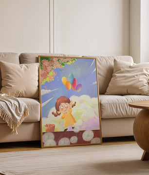 Whimsical illustration of a girl with balloons under vibrant pink blossoms