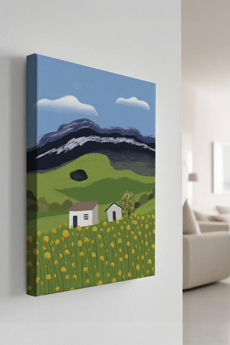 Peaceful Rural Landscape with Houses and Yellow Flowers under Blue Sky