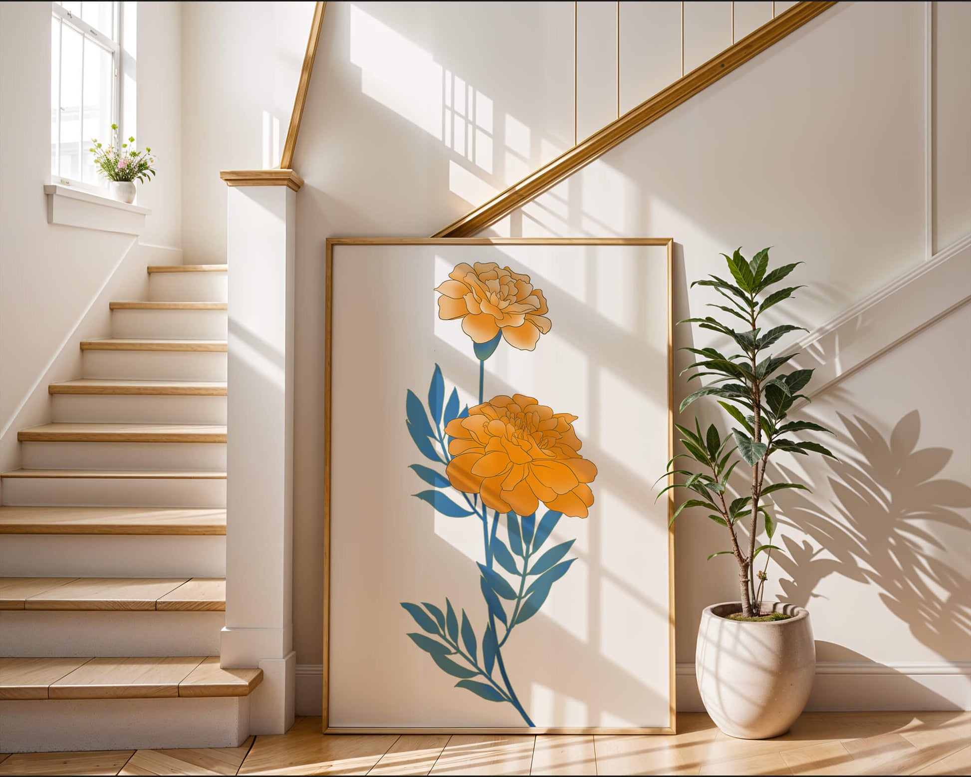 Elegante Illustration lebendiger Ringelblumen auf grünem Hintergrund
