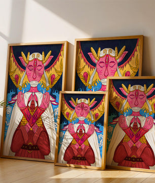 Surreal illustration of a mystical creature with golden horns and vibrant elements