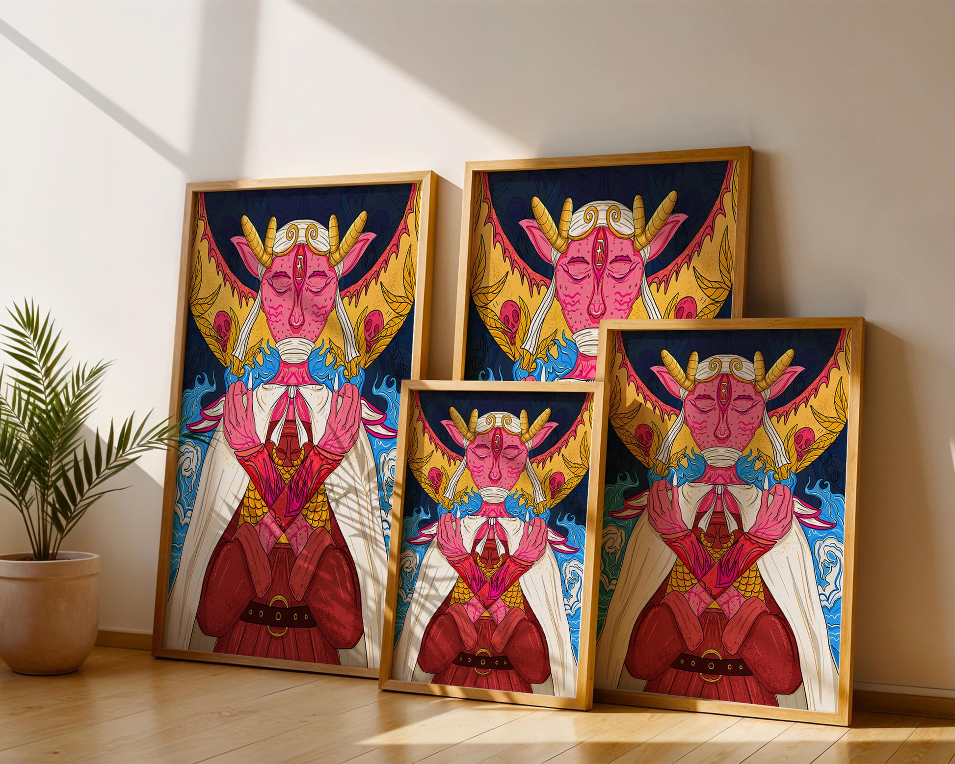 Surreal illustration of a mystical creature with golden horns and vibrant elements