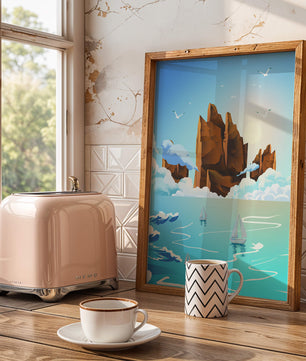 Majestic Sea Cliffs and Sailboats in Serene Landscape