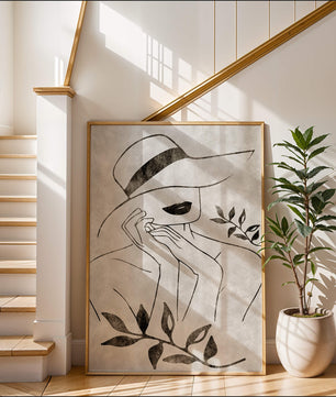Abstract Woman in Hat with Minimalist Leaf Design